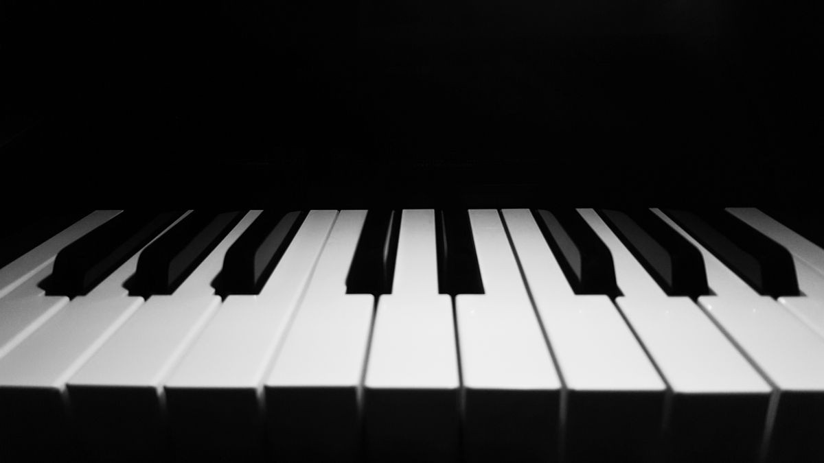 Front Elevation View of Piano Keyboard Keys Abstract Dark Image. Jazz, Hip Hop, Electronic, Jazz Song Instrument